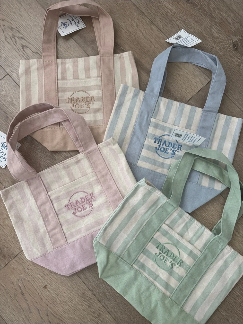 Trader Joe's Pastel Striped Mini Canvas Tote Set of 4: Pink, Blue, Green, Beige